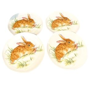 Set Of 4 Maxcera Corp Hand‎ Crafted Watercolor Bunny Rabbit Luncheon 9.5” Plates
